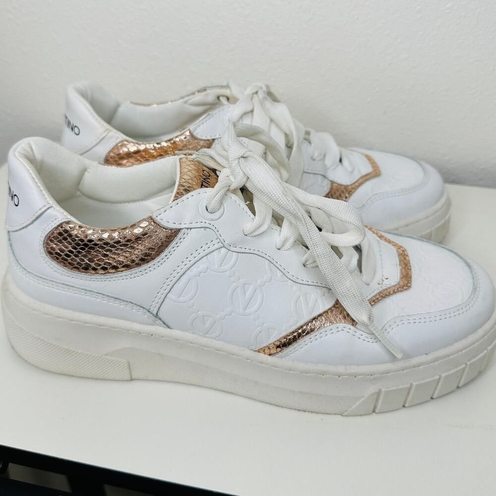 Valentino Minerva Monogram White & Rose Gold Leather Lace Sneaker 9 - Picture 7 of 15